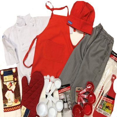 CHEFSKIN Kids Children Chef Set: Jacket Apron HAT Pants Mitts Utensils Full Set Toddler (fits 12-36 Months) White