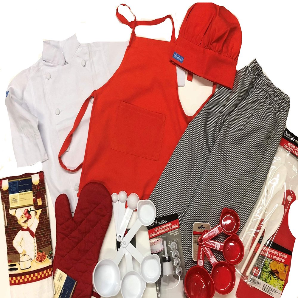 CHEFSKIN Kids Children Chef Set: Jacket Apron HAT Pants Mitts Utensils Full Set Toddler (fits 12-36 Months) White