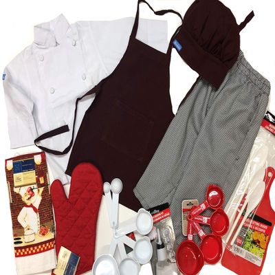 CHEFSKIN Kids Children Chef set: JACKET APRON HAT PANTS MITTS UTENSILS full set (XXL (10-12yrs))