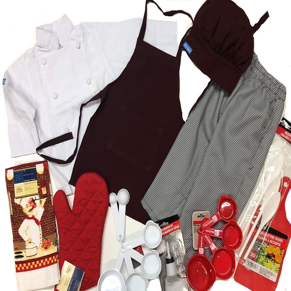 CHEFSKIN Kids Children Chef set: JACKET APRON HAT PANTS MITTS UTENSILS full set (XXL (10-12yrs))