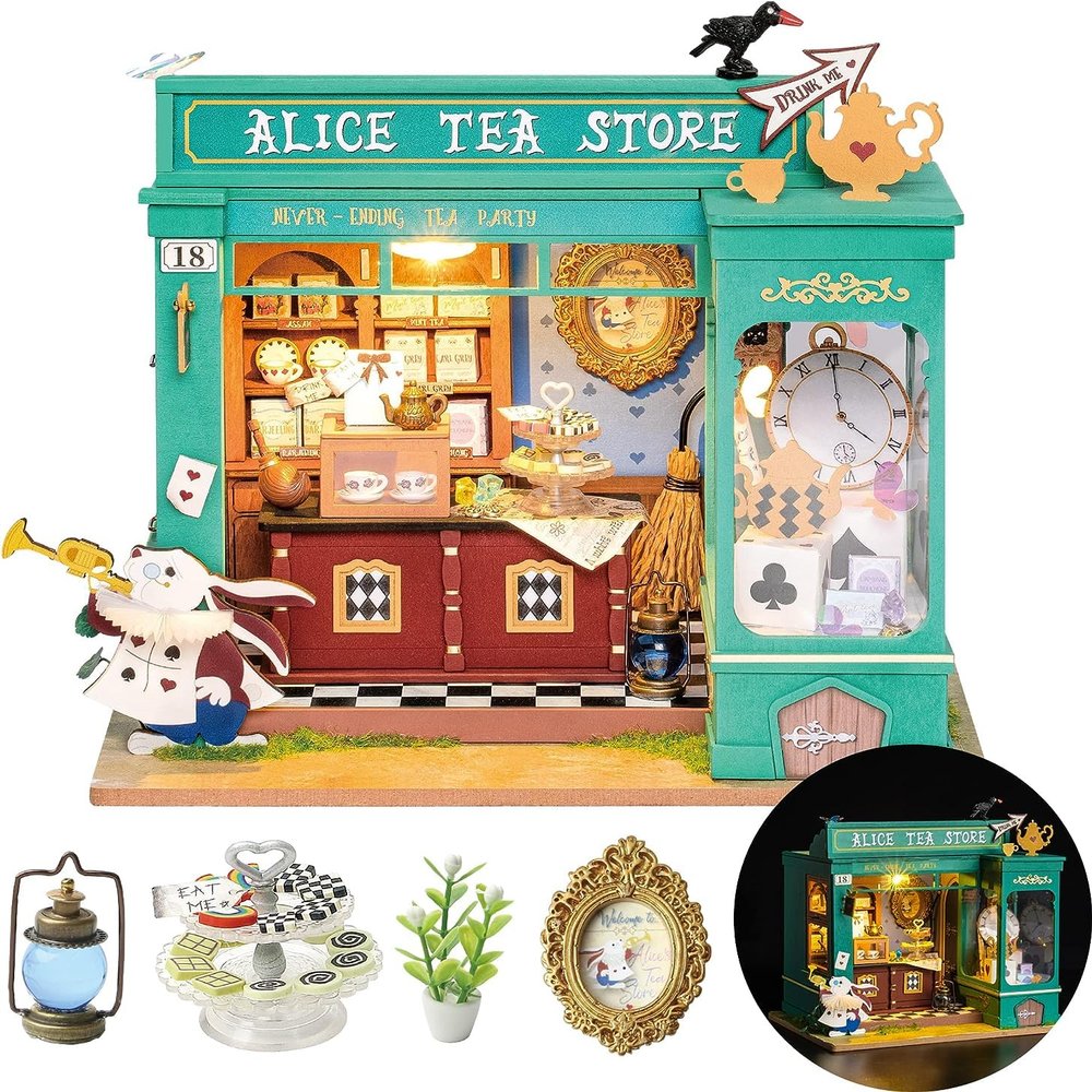 Rolife DIY Miniature House Kit Alice's Tea Store, Tiny House Kit for Adults to Build, Mini House Making Kit with Furniture, Halloween/Christmas Decorations/Gifts for Family Friends (Alice's Tea Store)