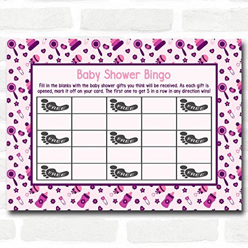 Girls Pink & Purple Baby Shower Games Bingo Cards