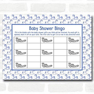 Boys Blue Rocking Horse Baby Shower Games Bingo Cards