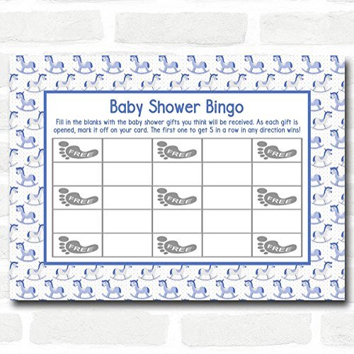 Boys Blue Rocking Horse Baby Shower Games Bingo Cards