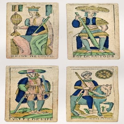 Tarot Card C1720 Nitalian Tarot Cards Of The Early 18Th Century Featuring (Clockwise From Top Left) The Queen Of Cups The King Of Batons The Valet Of Swords And The Cavalier Of Coins Poster Print by