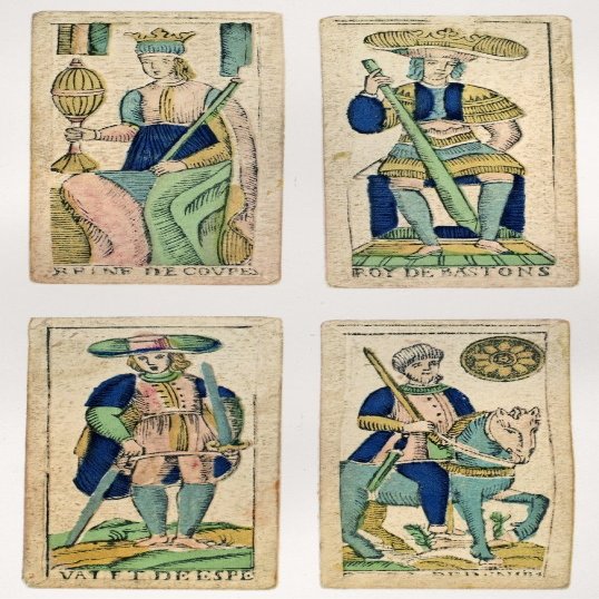 Tarot Card C1720 Nitalian Tarot Cards Of The Early 18Th Century Featuring (Clockwise From Top Left) The Queen Of Cups The King Of Batons The Valet Of Swords And The Cavalier Of Coins Poster Print by