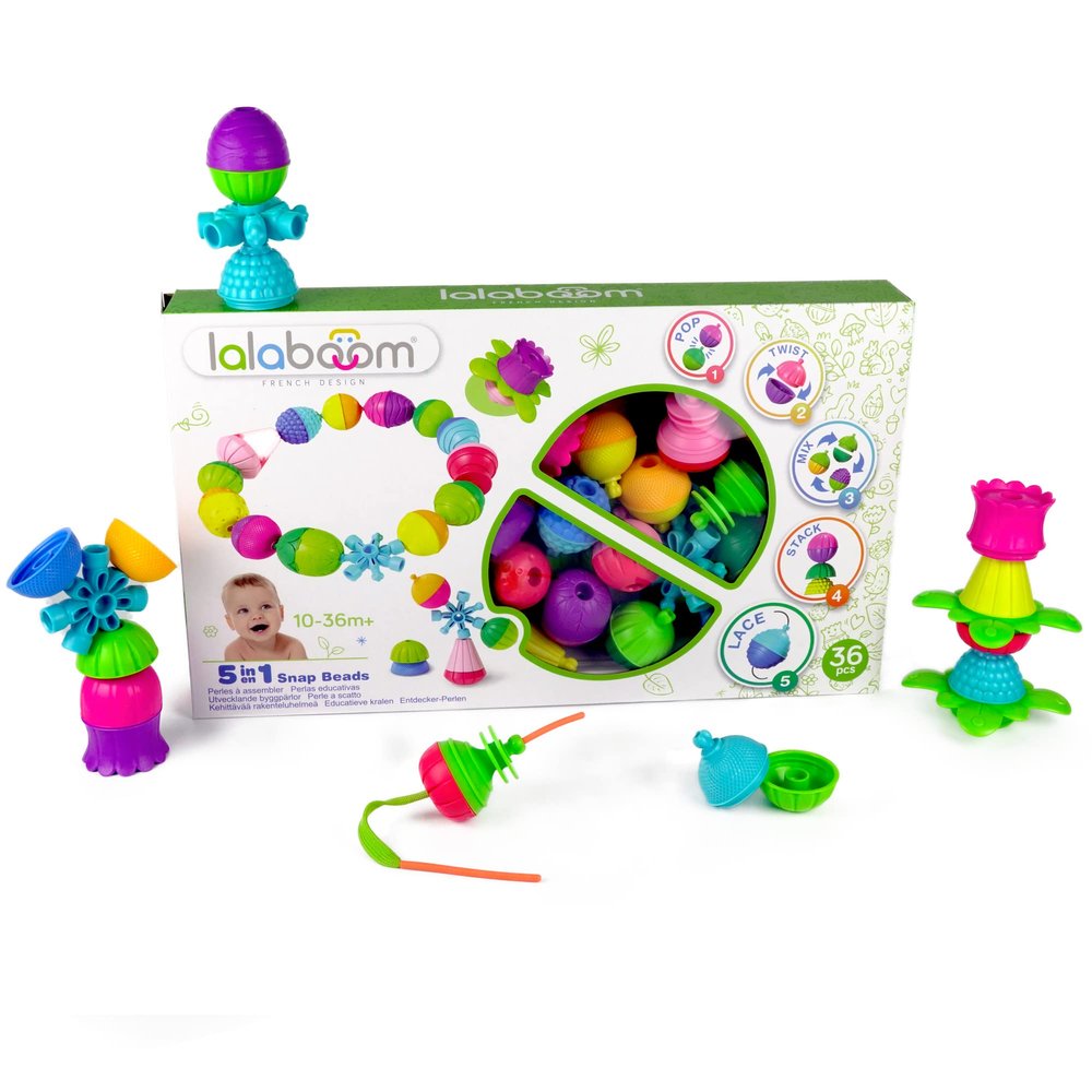 Lalaboom 36 Piece Baby Toddler Beads Montessori Educational Shape and Color STEM Construction Toy 10 Months to 3 Years - BL300, Multicolor