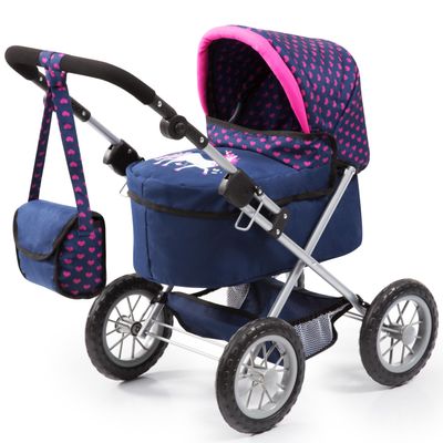 Bayer: Trendy Pram - Blue, Pink, Hearts - Includes Shoulder Bag, Fits Dolls Up to 18", Adjustable Handle, Kids Pretend Play, Shopping Basket