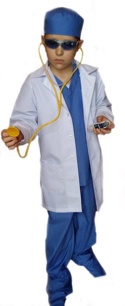 Real Children Doctor Dentist MD Surgeon 7 Item Coat Shirt Pants hat Stethoscope Scrubs Great Gift Baby Children Teen Adults (XS (fits 3-5 yrs.)) Blue