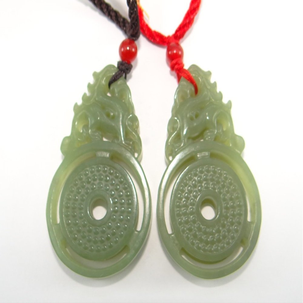 2" China Certified Nature Hetian Nephrite Jade Wealth Pixiu Pair Necklace Pendants 0056