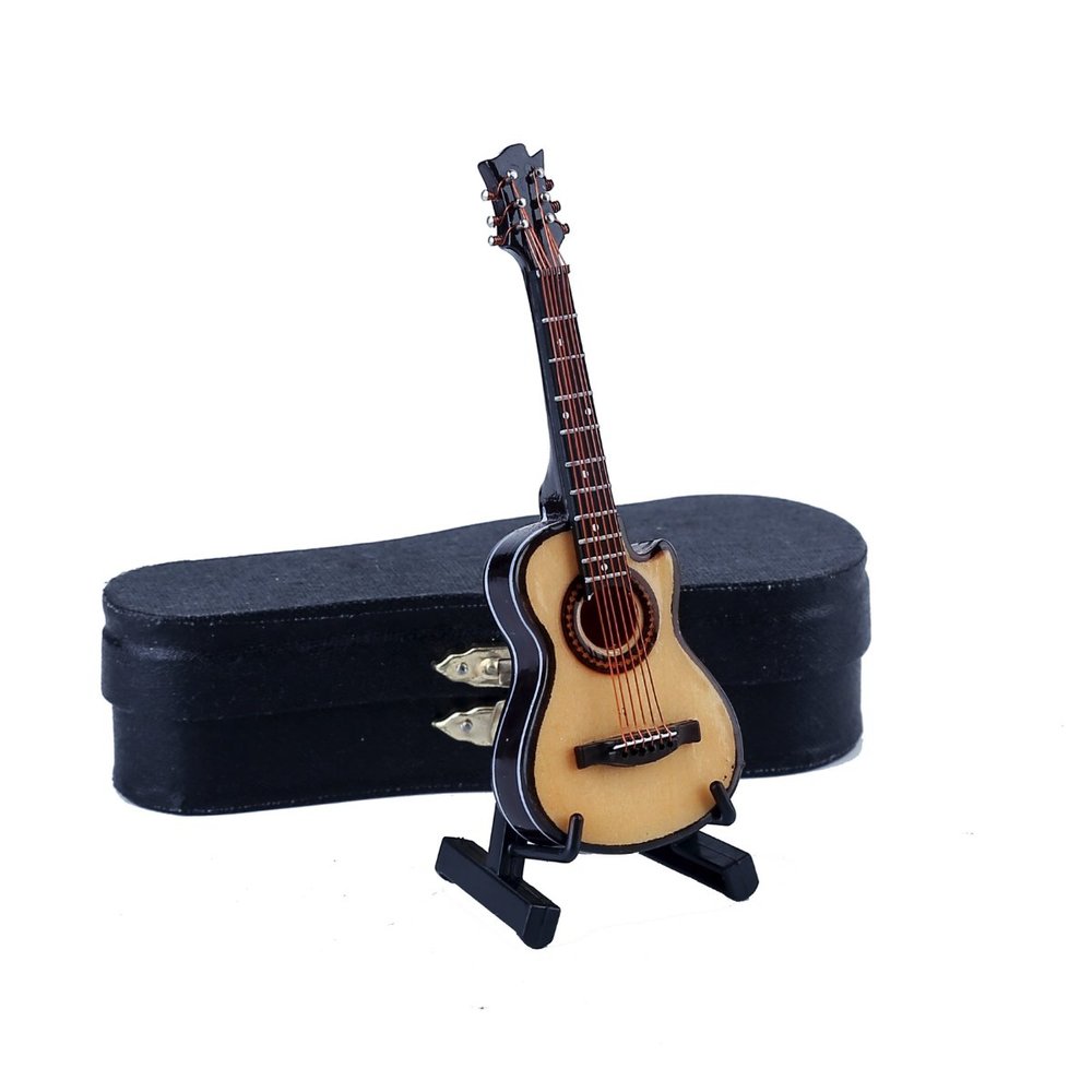 Dselvgvu Wooden Miniature Guitar with Stand and Case Mini Musical Instrument Acoustic Guitar Replica Collectible Figurines Model Home Decoration Display Ornament (Wood Color, 3.93"x1.42"x0.56")