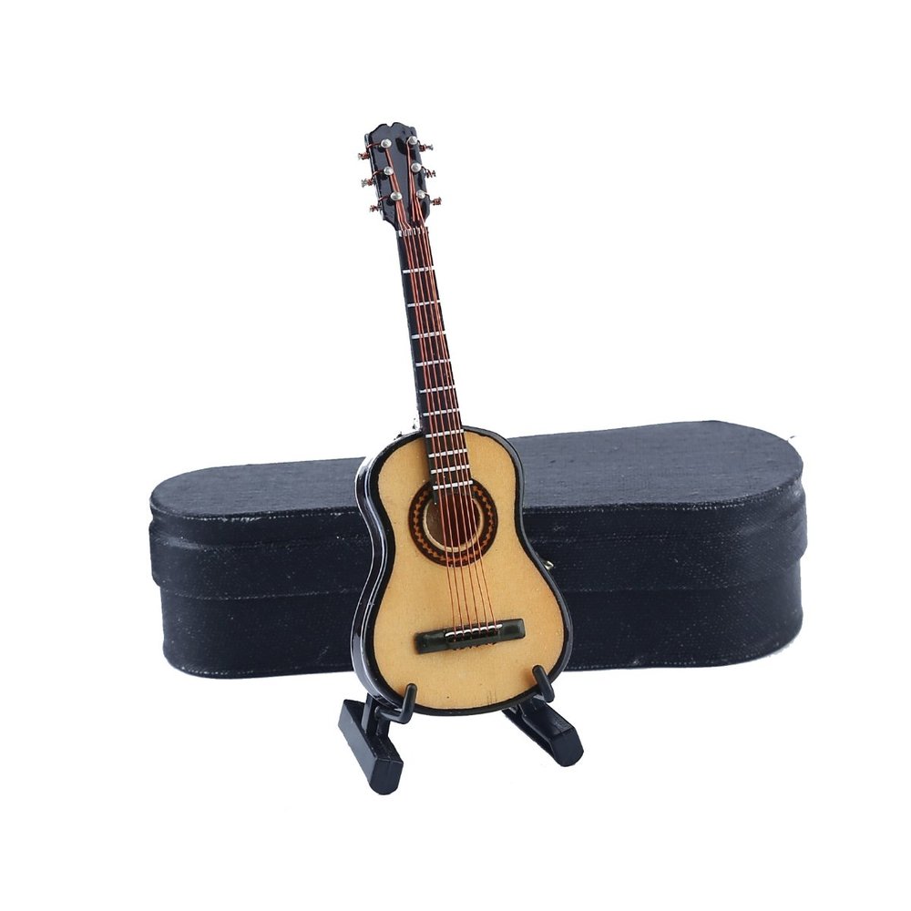 Dselvgvu Wooden Miniature Guitar with Stand and Case Mini Musical Instrument Classic Guitar Replica Collectible Figurines Model Home Decoration Display Ornament (Wood Color, 3.93"x1.42"x0.56")