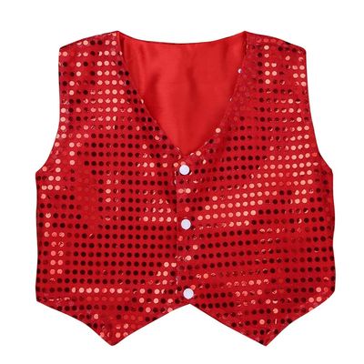 dPois Girls Boys Glittery Sequins Vest Jacket Waistcoat Hip-Hop Street Dance Wear Stage Performance Costumes Red 8-9