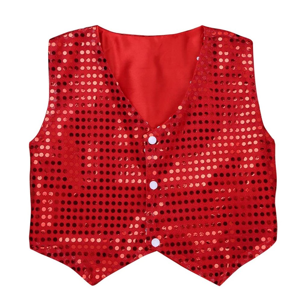 dPois Girls Boys Glittery Sequins Vest Jacket Waistcoat Hip-Hop Street Dance Wear Stage Performance Costumes Red 8-9