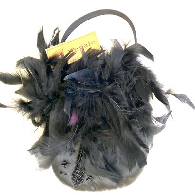 La Regale girls' small black satin handbag with black feathers
