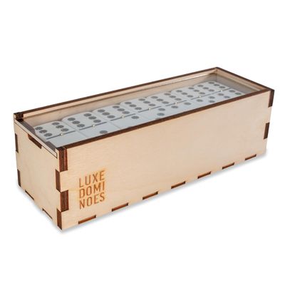 Deluxe Modern Domino Set Double Six, with Jumbo Sized Tournament Dominoes Black and White Two Toned with Spinner (Rivets) in Wood Box with Acrylic Top (Clear)