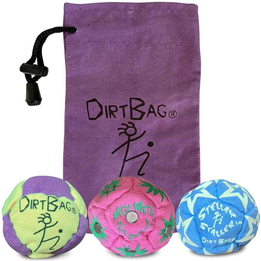 DIRTBAG All Star Footbag 3 Pack with Pouch, 100% Handmade, Premium Quality, Bright Vivid Colors, Signature Carry Bag - Fluorescent Yellow/Purple