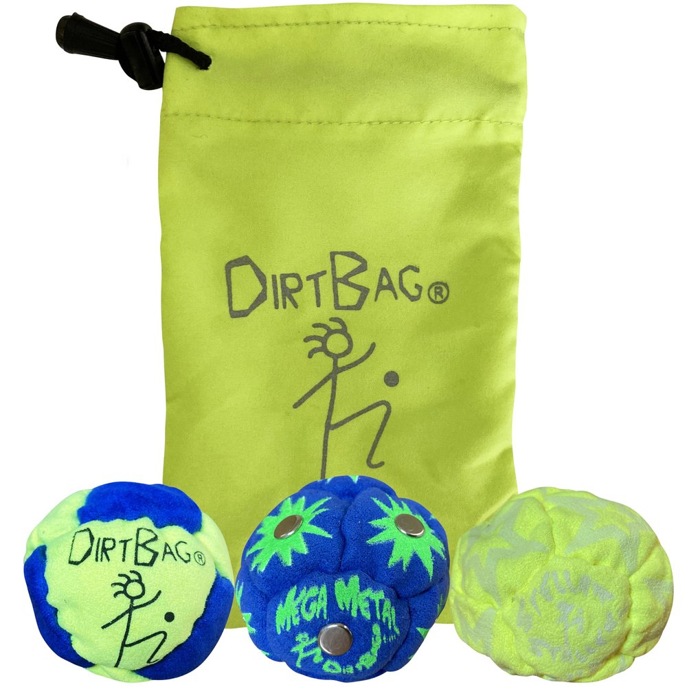 DIRTBAG All Star Footbag 3 Pack with Pouch, 100% Handmade, Premium Quality, Bright Vivid Colors, Signature Carry Bag - Fluorescent Yellow/Blue