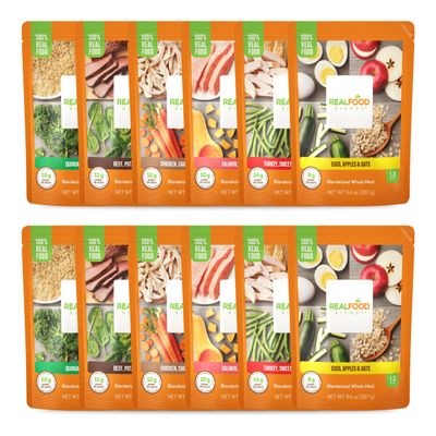Real Food Blends Variety Pack - Pureed Food Meals for Tube Feeding with Protein, Vegetables & Fruits - 320340 Calories Per Pouch for Lunch & Dinner - 9.4 oz (Pack of 12)