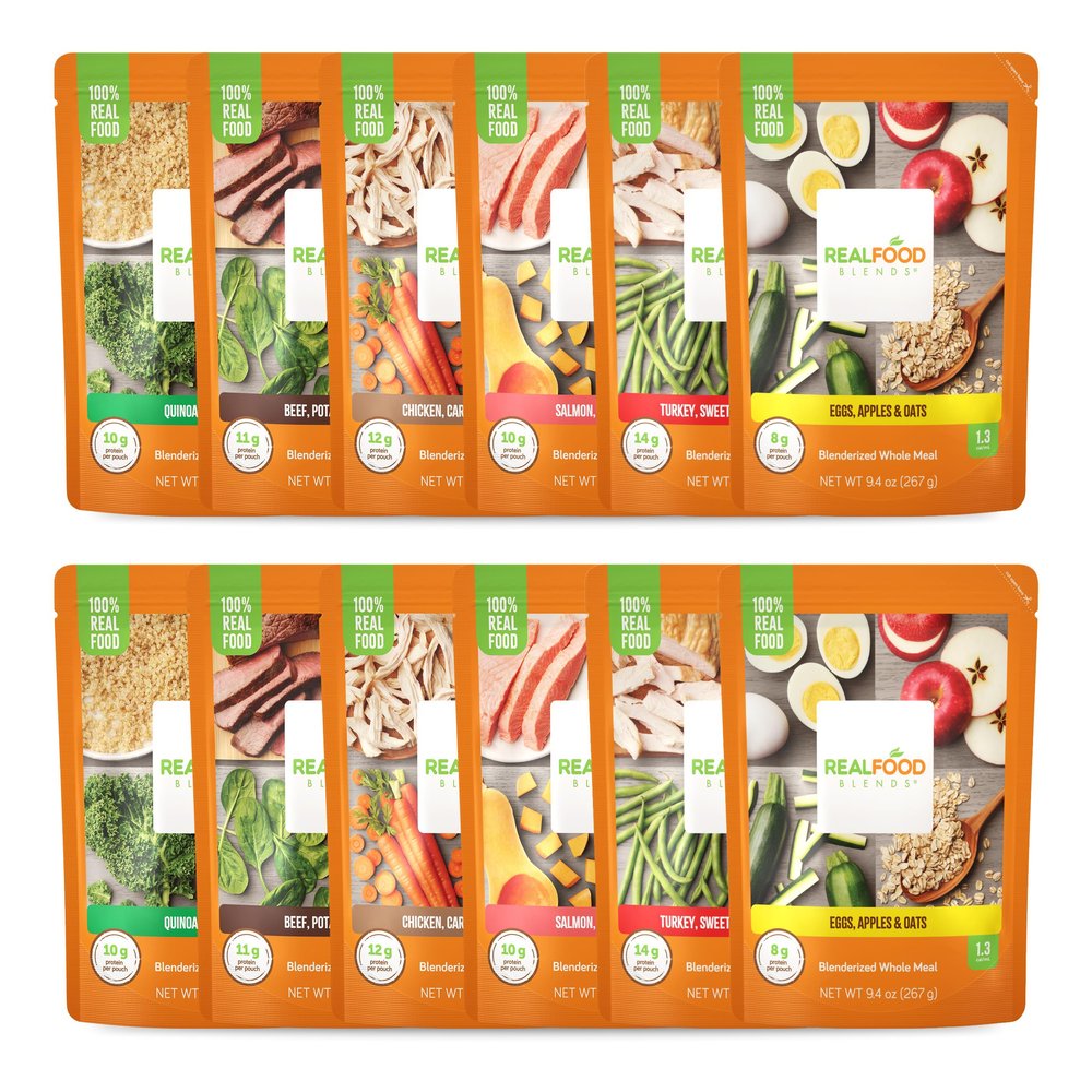 Real Food Blends Variety Pack - Pureed Food Meals for Tube Feeding with Protein, Vegetables & Fruits - 320340 Calories Per Pouch for Lunch & Dinner - 9.4 oz (Pack of 12)