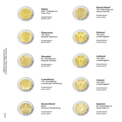 Lindner 1118-23 Vordruckblatt fr 2 Euro-Gedenkmnzen: Italien 2017 bis Spanien 2018