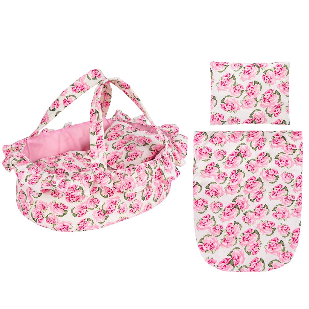 Rakki Dolli Doll Carry Cot Set, Soft 3PC Set Includes Cot, Mattress and Pillow, Pink Flower Doll Bassinet, Fits for 10-12 Inch American Girl Dolls