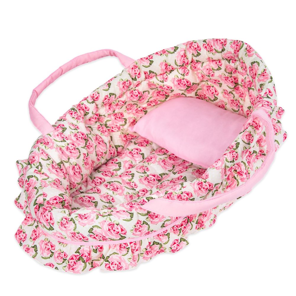 Rakki Dolli Doll Carry Cot Set, Sweet Dreams Soft Bassinet Doll Carrier Includes 1 Cot and 1 Pillow, Pink Flower Doll Bassinet, Fits for 16 Inch 18 Inch American Girl Dolls