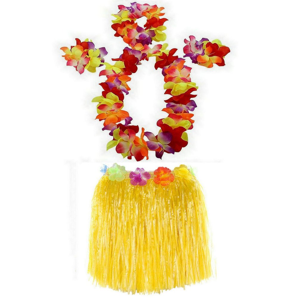 1 Set 40cm Kids Party Hawaii Dress Hula Grass Skirt - Double Layer Thickened HawaiiSkirt for Luau Party Decorations Supplies Yellow