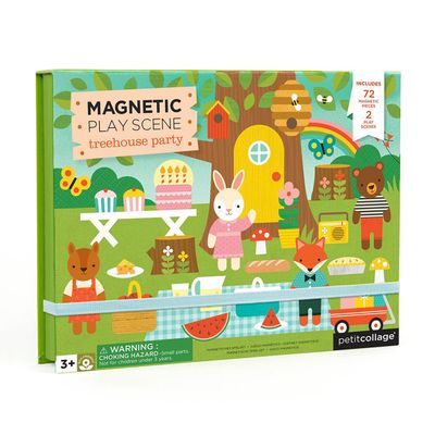 Petit Collage: Animal Friends Magnetic Game Board with Mix & Match, Ideal for Ages 3+, Includes Mag Play Scene Treehouse Party, 74 Count