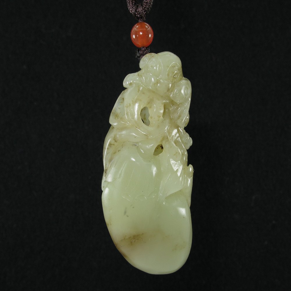 2.3" China Certified Nature Hetian Nephrite Jade Fortune Toad and Eggplant Hollow Carved Necklace Pendants