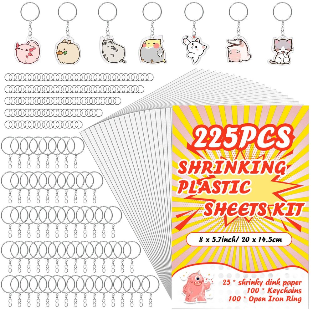 225PCS Shrinky Dink Sheets Keychains Kit,Shrink Plastic Sheets Kit with 25PCS Shrinky Dink Paper,100PCS Keychains and Open Iron Ring for Kids Creative Craft Marking,Handprint(8x5.7inch/20x14.5cm)