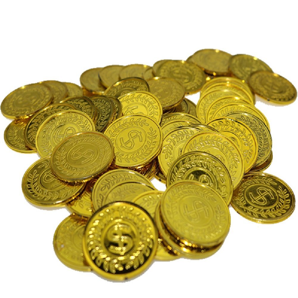 100Pcs Plastic Play Coins Gold Pirate Treasure Hunt Coins Toys for Kids Party Theme Props Decoration,Party Favor,Lucky Draw Games, Great for Kids, Toddlers, Teachers