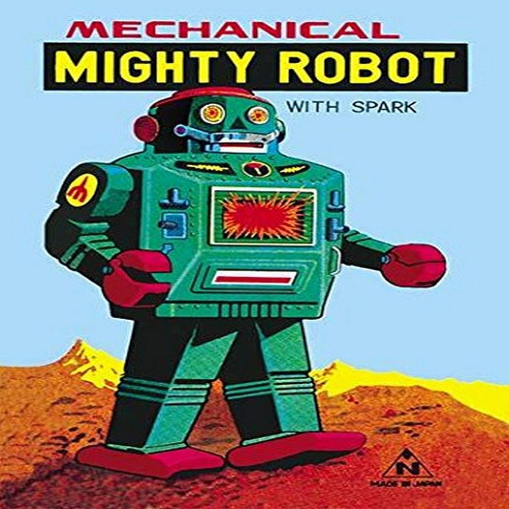 1960s tin toy box artwork made for Noguchi (Japan) for the Mechanical Mighty Robot with Spark The robot was tinplate clockwork model is metallic green with tinprinted details sparking action to red p