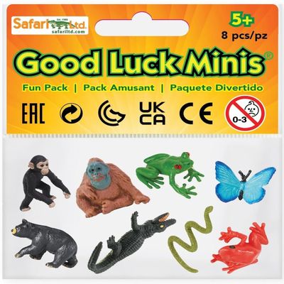 Safari Ltd. Good Luck Minis Rainforest Fun Pack 8 Mini Figurines Including Snake, Frogs, Butterfly, Chimpanzee, Orangutan, Caiman, Bear Educational Toy Figures for Boys, Girls & Kids Ages 5+