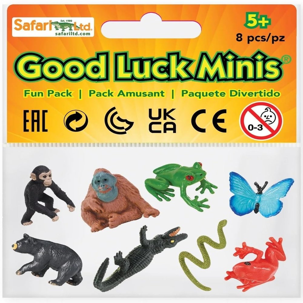 Safari Ltd. Good Luck Minis Rainforest Fun Pack 8 Mini Figurines Including Snake, Frogs, Butterfly, Chimpanzee, Orangutan, Caiman, Bear Educational Toy Figures for Boys, Girls & Kids Ages 5+