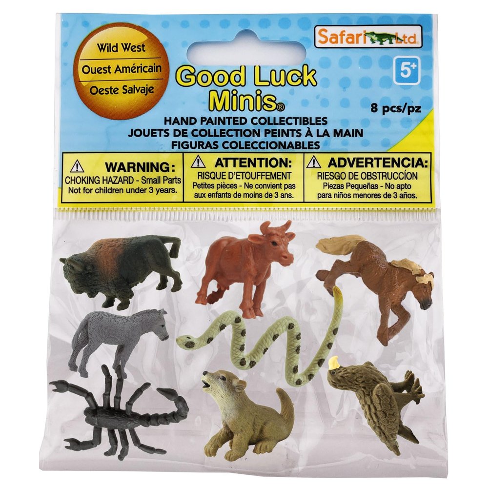 Safari Ltd. Good Luck Minis Wild West Fun Pack 8 Mini Figurines Including Cow, Scorpion, Bison, Donkey, Pony, Wolf, Rattlesnake, Golden Eagle Educational Toy Figures for Boys, Girls & Kids Ages 5+