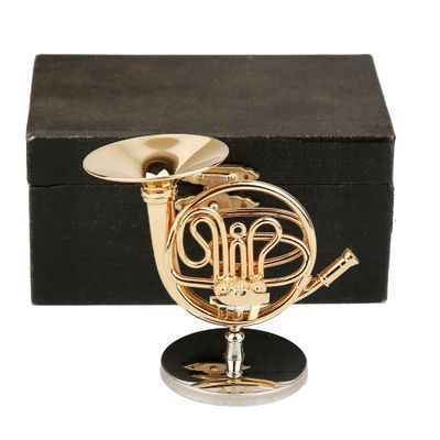 Dselvgvu Miniature French Horn with Stand and Case Brass Mini Musical Instrument French Horn Replica Collectible Figurines Dollhouse Accessories Model Home Decoration Display Ornament (3.75"x1.77")