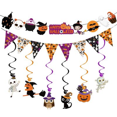 2025 Halloween Banner Party DecorationPre-Assembled Cute Halloween Garland Bunting Banner Triangle Flag with Foil Swirl Ceiling Hanging Cards, Pumpkin Ghost Witches Bat Spider Skull Sticker