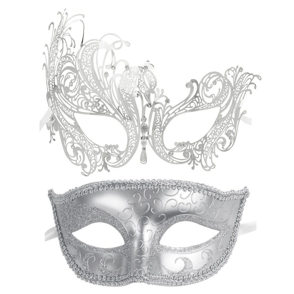 Coddsmz Couple Masquerade Mask Metal Masks Venetian Party Mask Halloween Costume Mask Mardi Gras Mask Party Evening Bar Prom Ball Mask Set for Women and Men Costumes Accessory (Silver+Silver)
