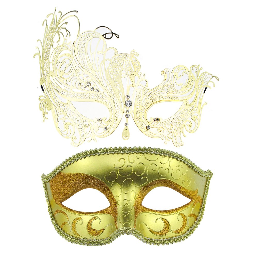 Coddsmz Couple Masquerade Masks Metal & Plastic Venetian Party Mask Set (Gold+Gold)