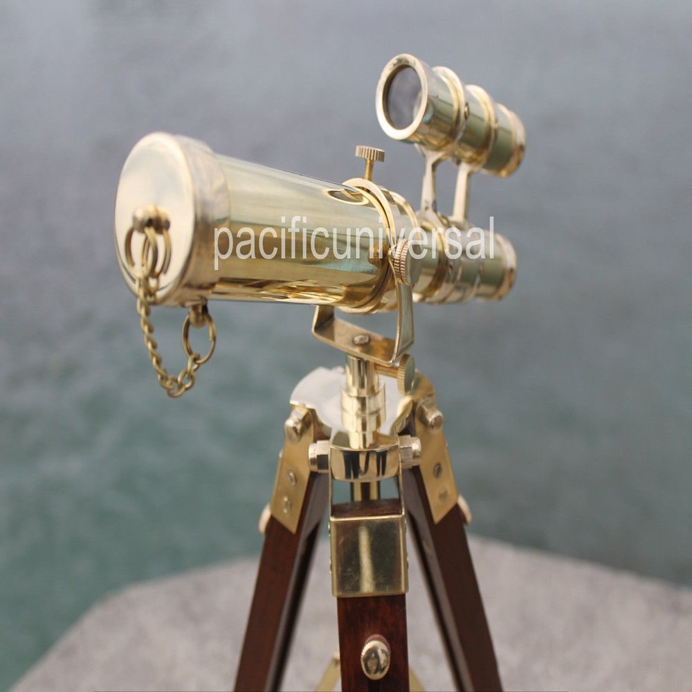 Humaira Nauticals Brass Handmade Nautical Marine Double Barrel Telescope With Wooden Tripod A