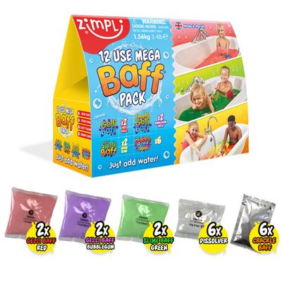 Zimpli Kids 12 Use Mega Value Baff Pack from, 4 x Gelli Baff, 2 x Slime Baff & 6 x Crackle Baff, Children's Sensory & Bath Toy, Birthday Presents for Boys & Girls, Certified Biodegradable Gift