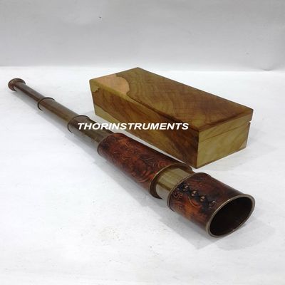 Vintage Telescope Antique Pirate Spyglass Brown Leather w/Wooden Box Collectible Scope Nautical Gift Rustic Vintage Home Decor Gifts