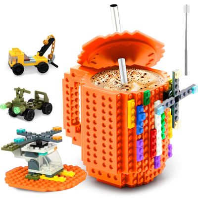 FUBARBAR Brick Coffee Mug Funny Novelty Cup with Lid & Straw, Building Block Toy Mug, Gift Idea for Men/Women/Kids (Orange)