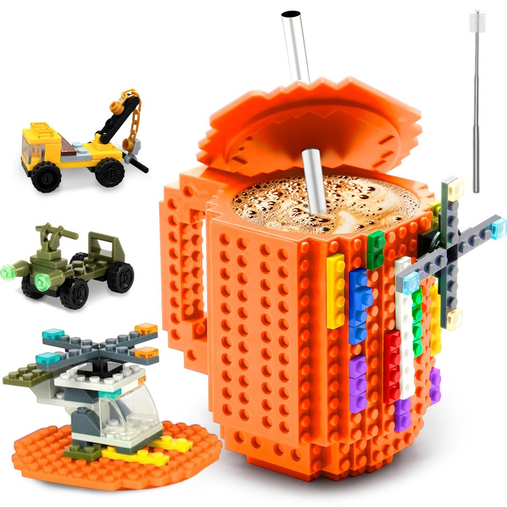 FUBARBAR Brick Coffee Mug Funny Novelty Cup with Lid & Straw, Building Block Toy Mug, Gift Idea for Men/Women/Kids (Orange)