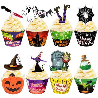 164PCS Halloween Cupcake Toppers Wrappers - Spider Web Pumpkin Zombie Hand Cake Party Decorations Supplies