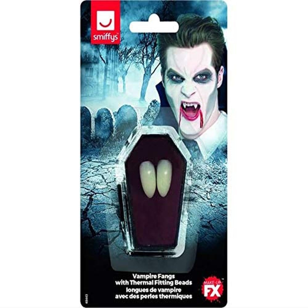 Smiffys Make-Up FX, Vampire Fangs, White, with Thermal Fitting Beads