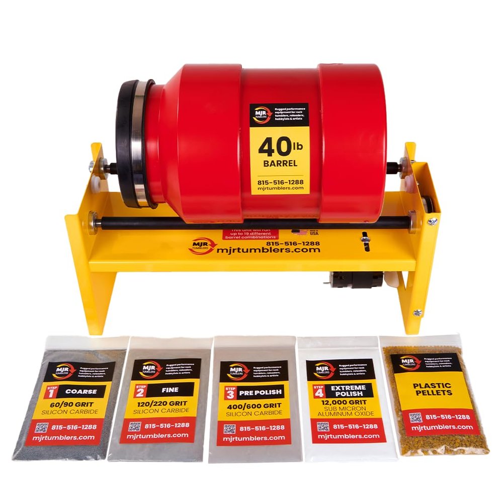MJR Tumblers Commercial Duty 40lb Rock Tumbler w Free Grit Kit. Capable of Running 18 Different Barrel Sizes & Combinations. Unmatched Quality and Durability. A USA Disabled & Veteran Owned Company.