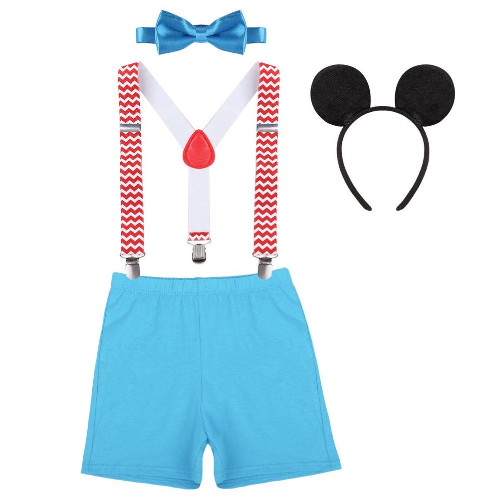 Baby Boy 1st Birthday Cake Smash Outfits Party Suspenders Diaper Nappy Cover Bow Tie Mouse Headband 3pcs Clothes Set Chevron Striped+Blue