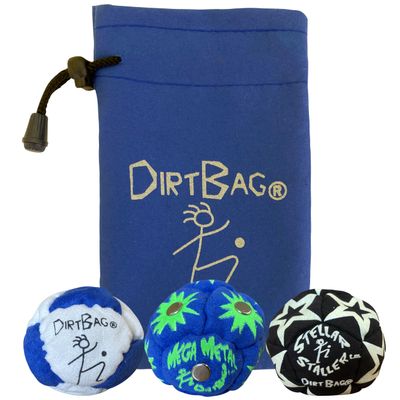 DIRTBAG All Star Footbag 3 Pack with Pouch, 100% Handmade, Premium Quality, Bright Vivid Colors, Signature Carry Bag - Blue/White